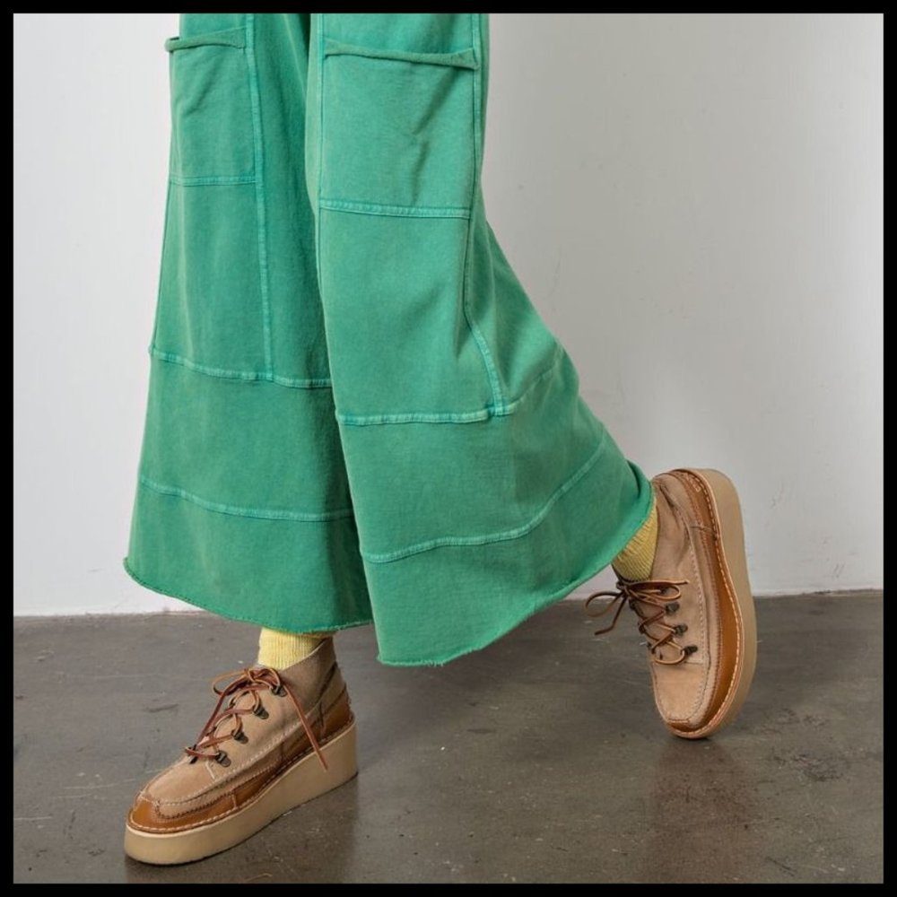 EASEL "Perfect Cargo" Terry Knit Mineral Washed Flared Leg Pants Raw Seams, Hems - Picture 10 of 15